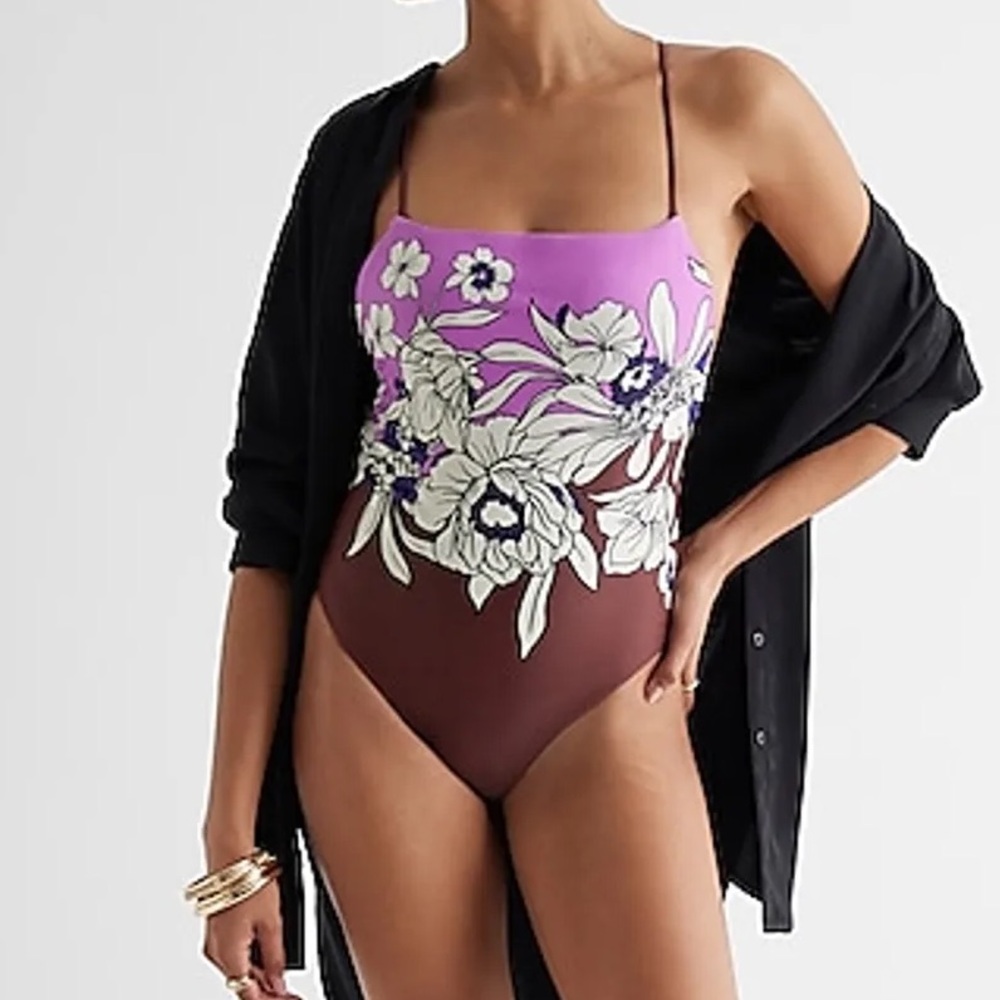 Floral Mix-Strap One-Piece Swimsuit in Purple and Brown